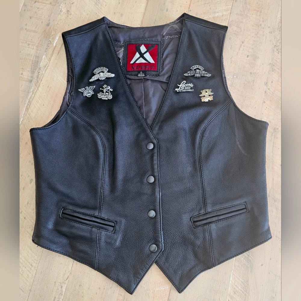 Black Leather Motorcycle Vest with Riding Pins